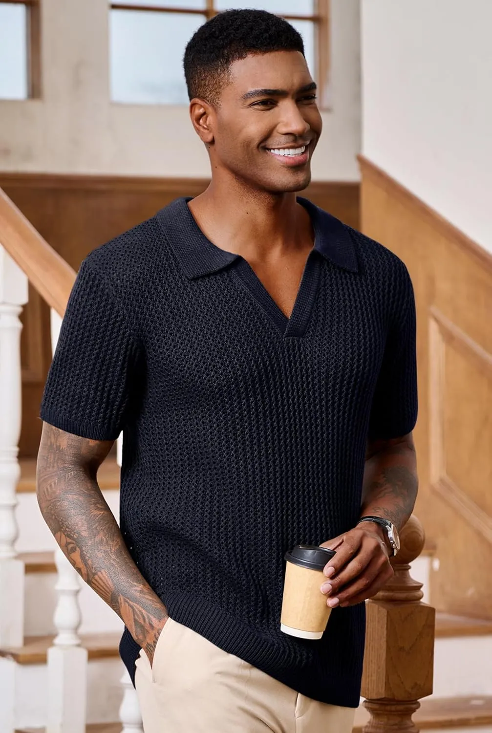 Mens Johnny Collar Polo Shirts Crochet Hollow Out Summer Casual Shirt (S-XXL)