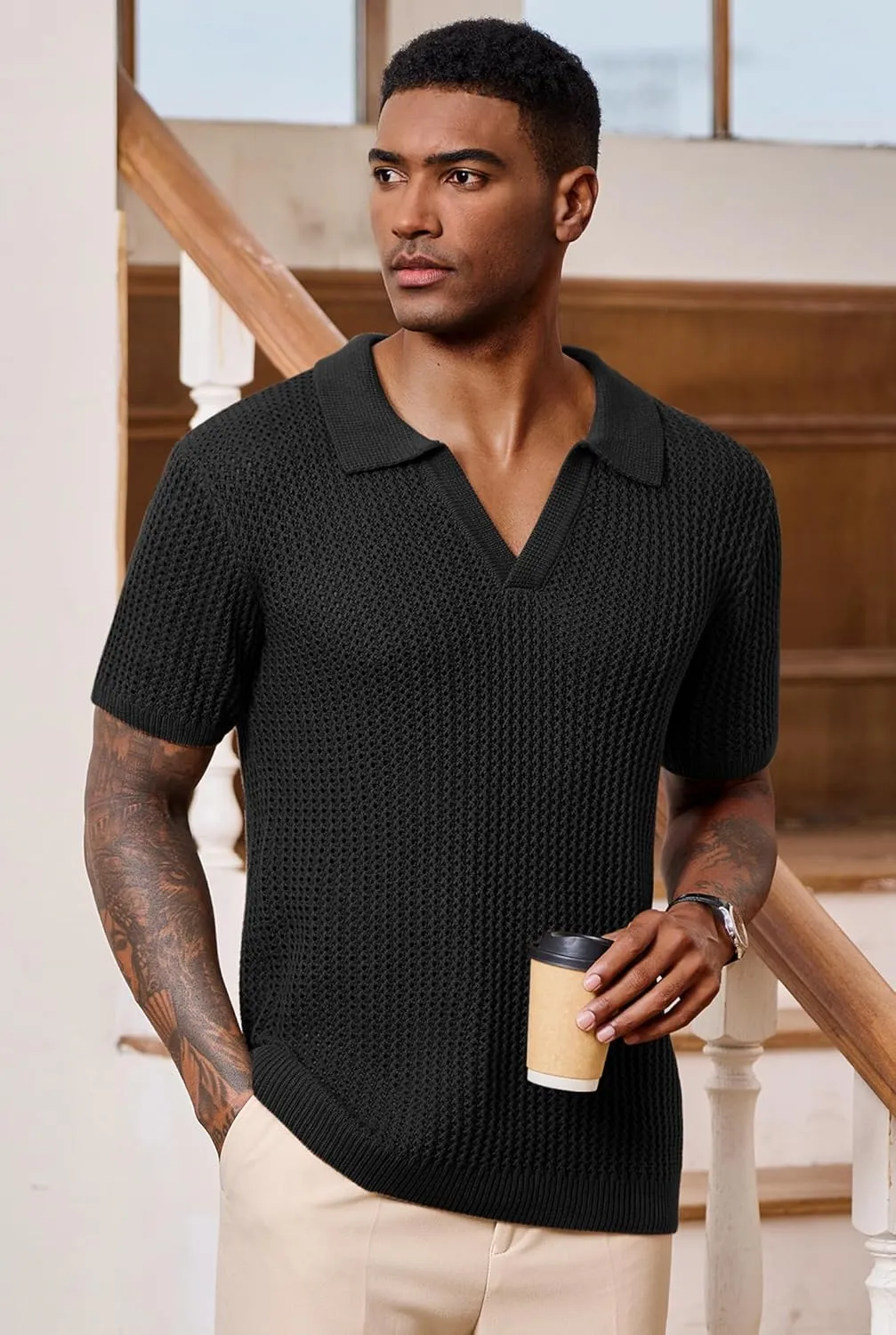 Mens Johnny Collar Polo Shirts Crochet Hollow Out Summer Casual Shirt (S-XXL)