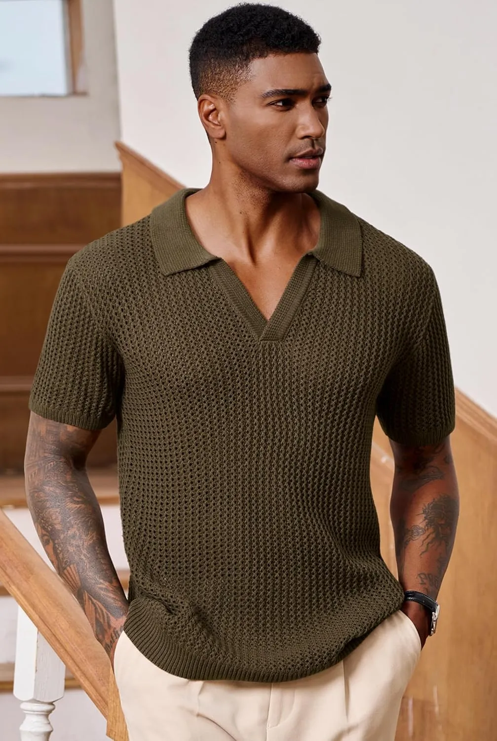 Mens Johnny Collar Polo Shirts Crochet Hollow Out Summer Casual Shirt (S-XXL)