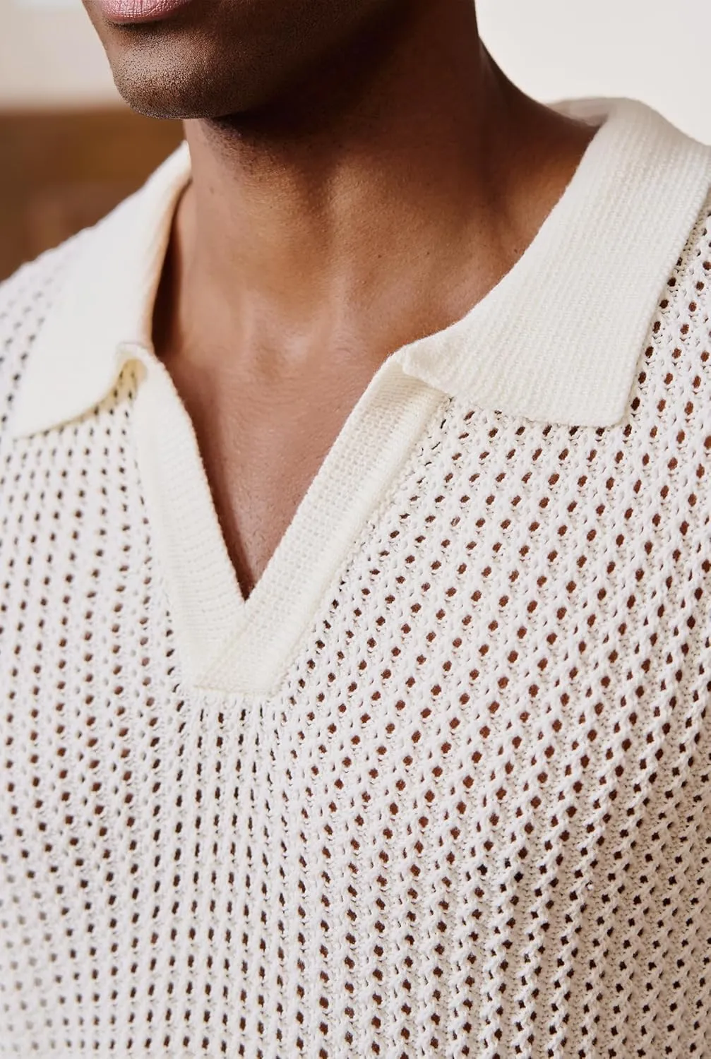 Mens Johnny Collar Polo Shirts Crochet Hollow Out Summer Casual Shirt (S-XXL)