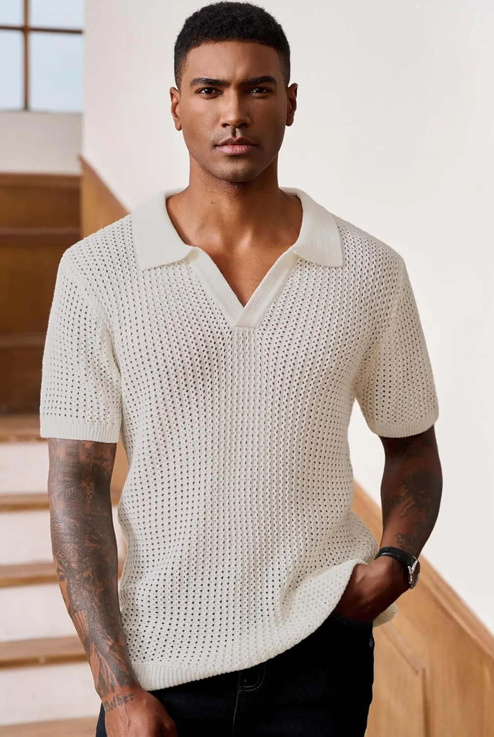 Mens Johnny Collar Polo Shirts Crochet Hollow Out Summer Casual Shirt (S-XXL)