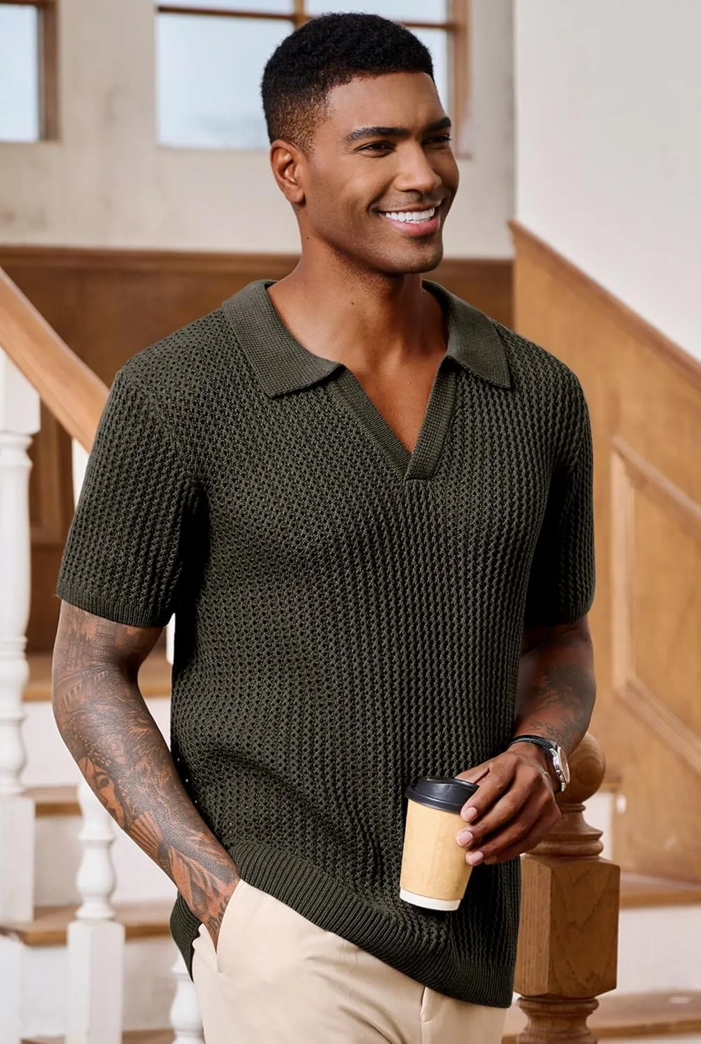 Mens Johnny Collar Polo Shirts Crochet Hollow Out Summer Casual Shirt (S-XXL)