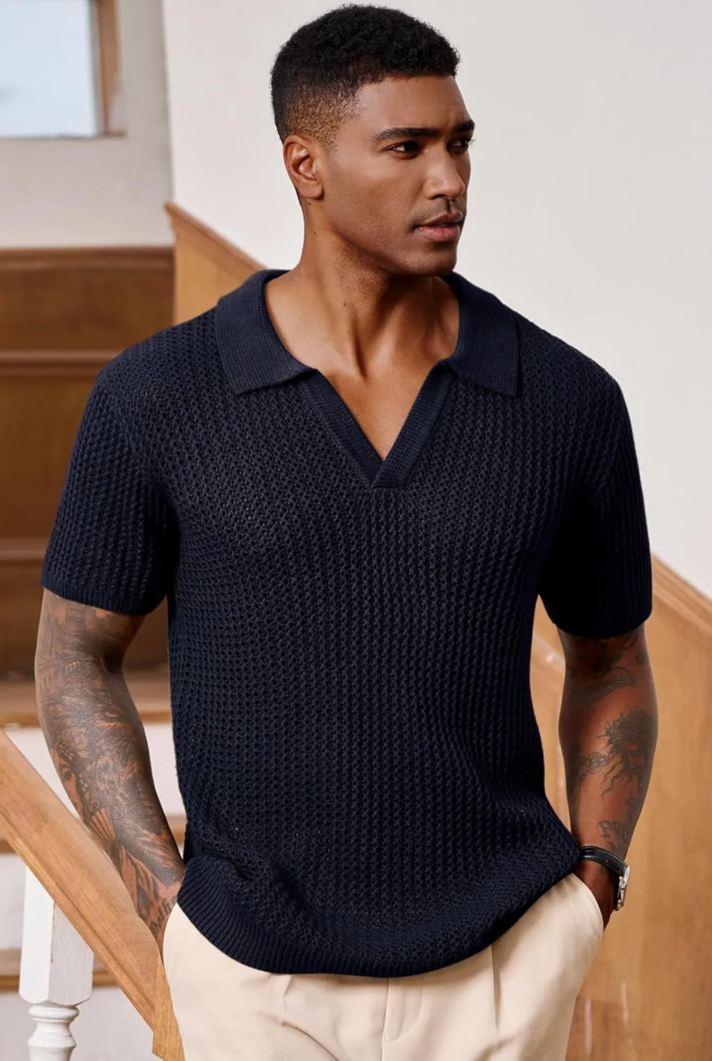 Mens Johnny Collar Polo Shirts Crochet Hollow Out Summer Casual Shirt (S-XXL)