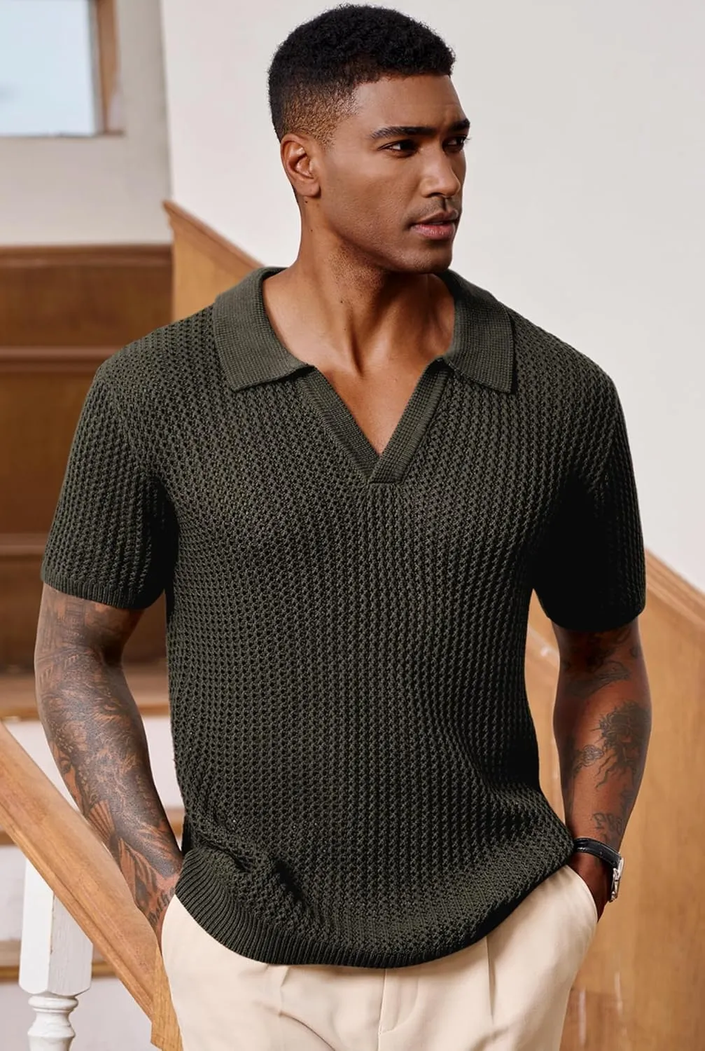 Mens Johnny Collar Polo Shirts Crochet Hollow Out Summer Casual Shirt (S-XXL)