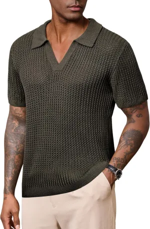 Mens Johnny Collar Polo Shirts Crochet Hollow Out Summer Casual Shirt (S-XXL)