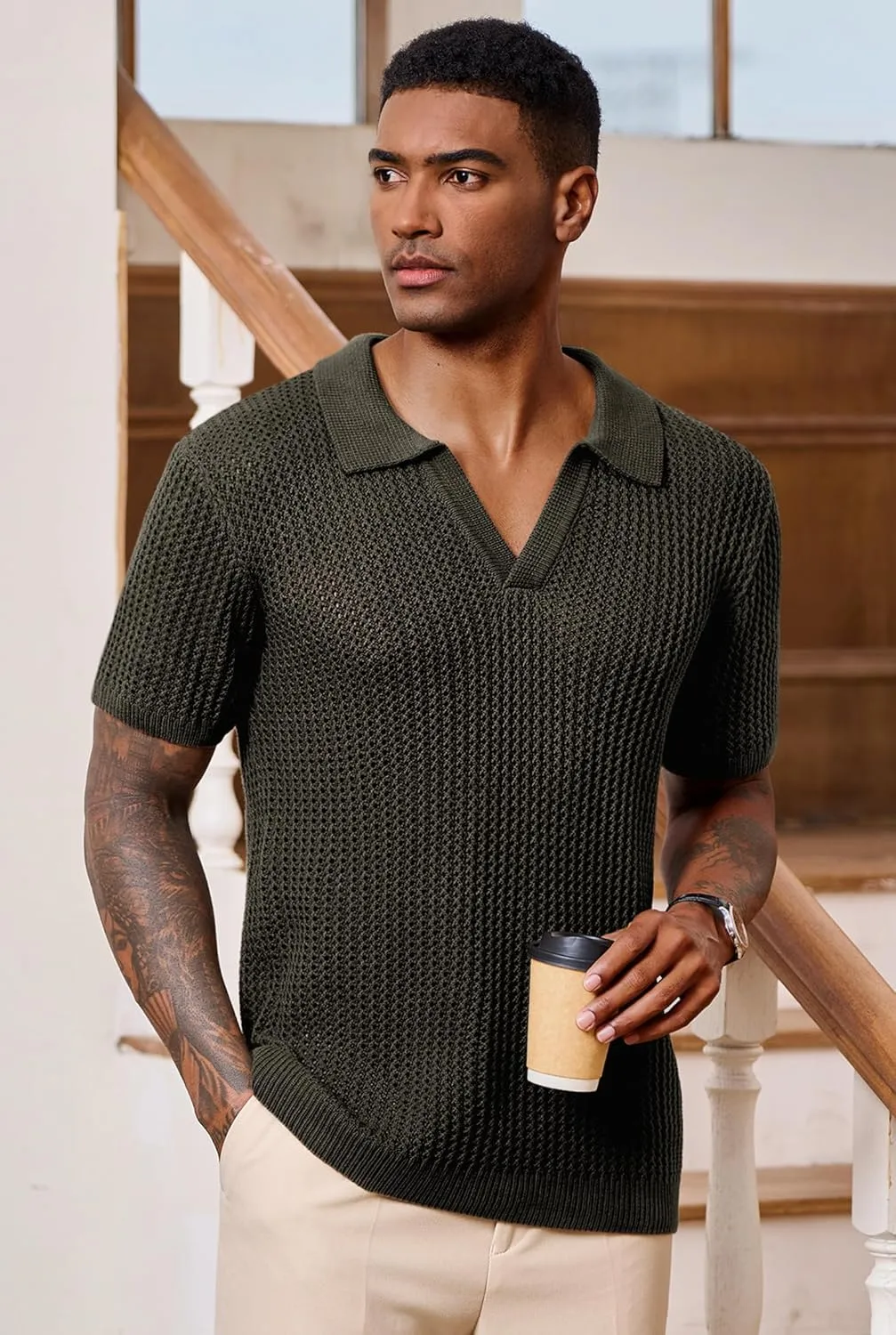 Mens Johnny Collar Polo Shirts Crochet Hollow Out Summer Casual Shirt (S-XXL)