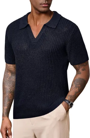 Mens Johnny Collar Polo Shirts Crochet Hollow Out Summer Casual Shirt (S-XXL)