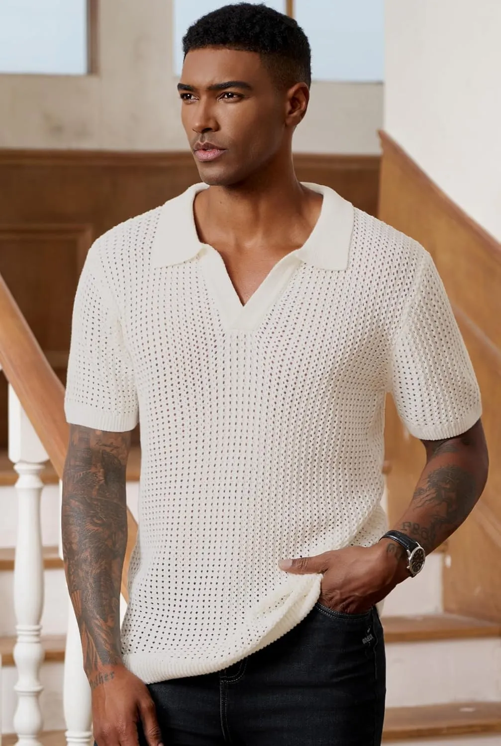 Mens Johnny Collar Polo Shirts Crochet Hollow Out Summer Casual Shirt (S-XXL)