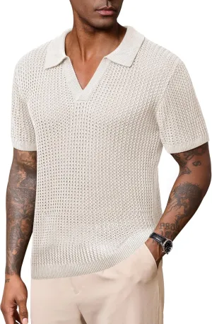 Mens Johnny Collar Polo Shirts Crochet Hollow Out Summer Casual Shirt (S-XXL)