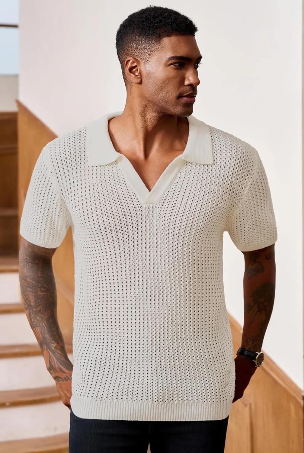Mens Johnny Collar Polo Shirts Crochet Hollow Out Summer Casual Shirt (S-XXL)