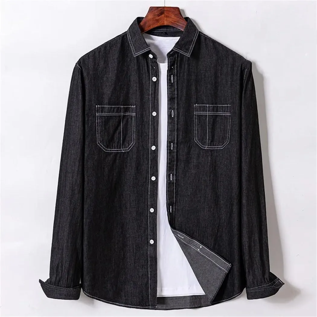 Mens Long Sleeve Cotton Casual Shirt Single Pocket Jean Social Shirts Vintage Washed Tops
