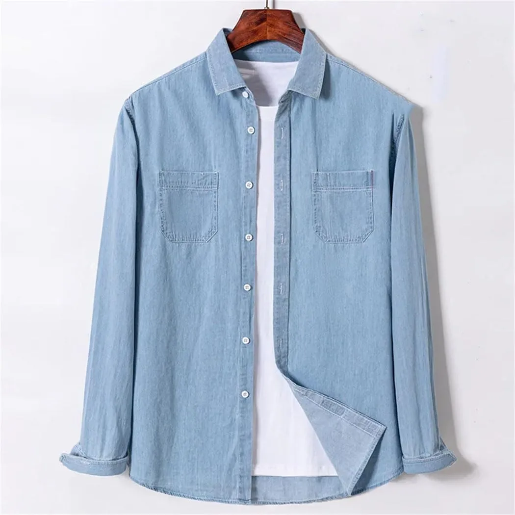 Mens Long Sleeve Cotton Casual Shirt Single Pocket Jean Social Shirts Vintage Washed Tops