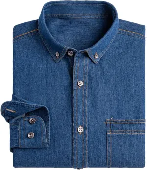 Mens Long Sleeve Cotton Casual Shirt Single Pocket Jean Social Shirts Vintage Washed Tops