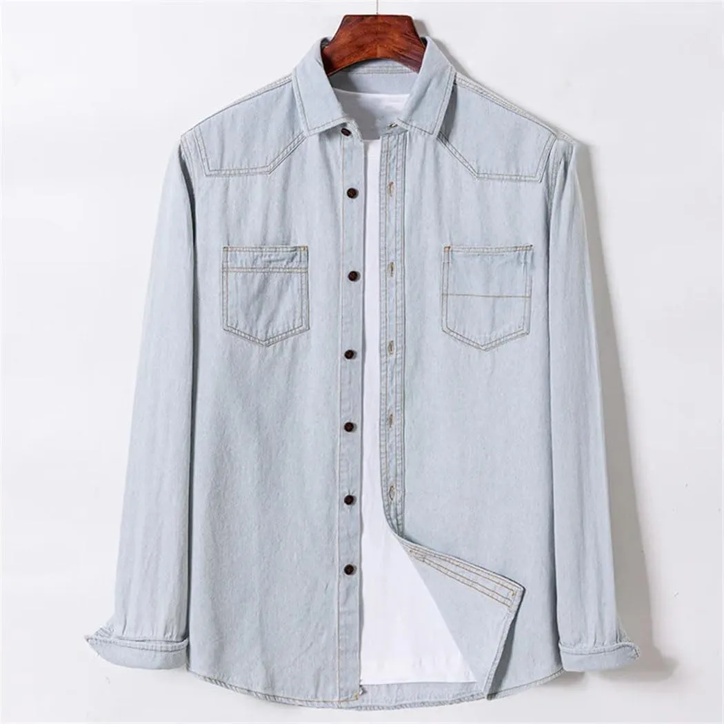 Mens Long Sleeve Cotton Casual Shirt Single Pocket Jean Social Shirts Vintage Washed Tops