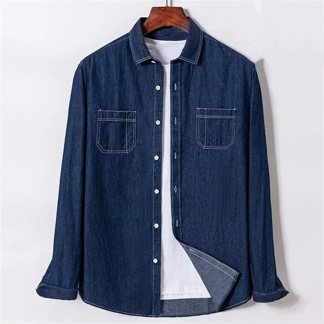 Mens Long Sleeve Cotton Casual Shirt Single Pocket Jean Social Shirts Vintage Washed Tops
