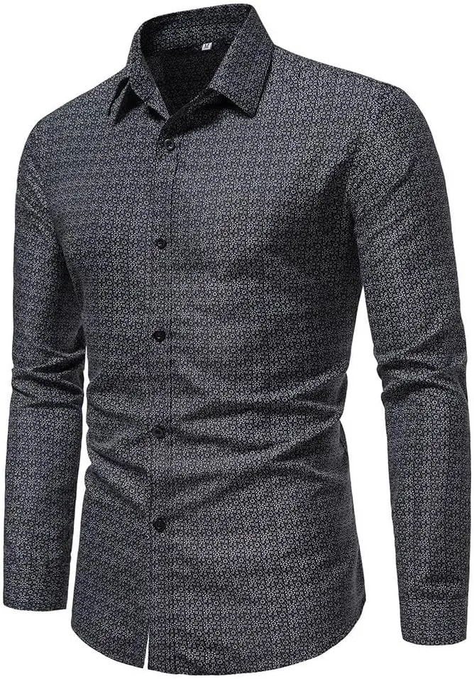 Men's Printed Stretch Dress Shirts Long Sleeve Slim Button Down Floral Casual Shirt