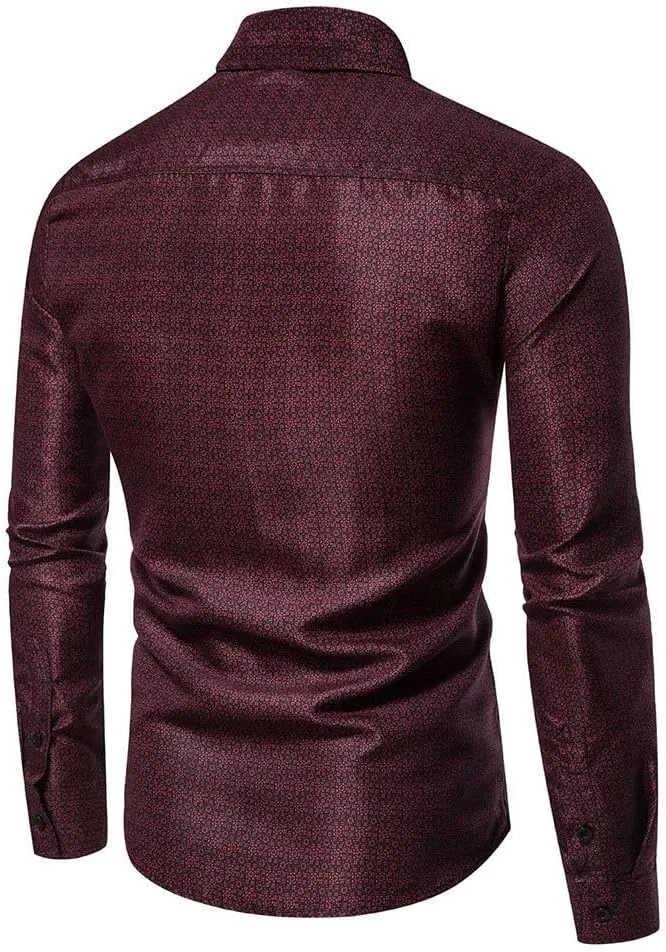 Men's Printed Stretch Dress Shirts Long Sleeve Slim Button Down Floral Casual Shirt