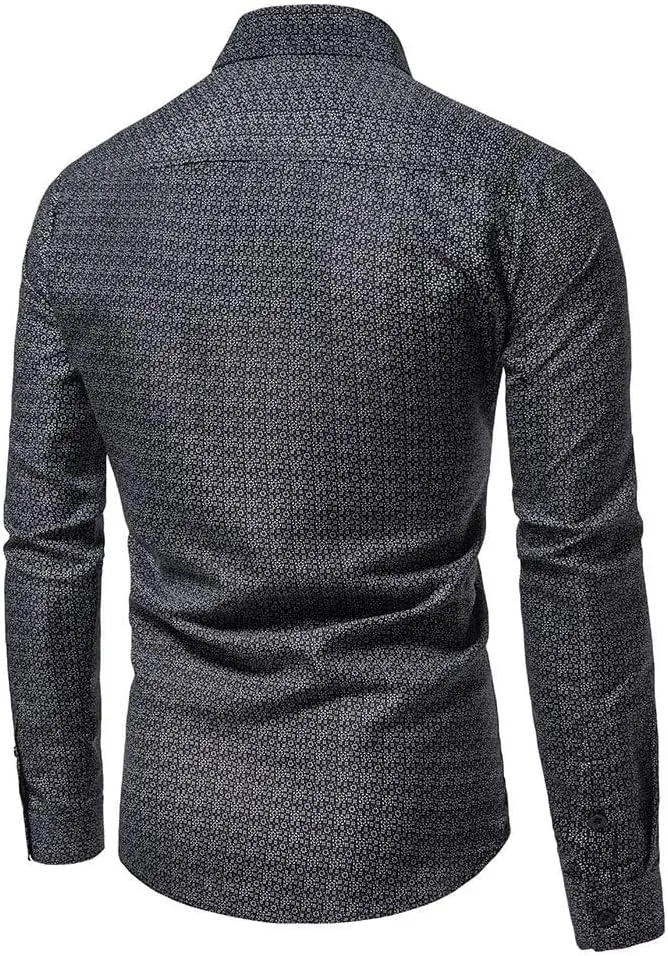 Men's Printed Stretch Dress Shirts Long Sleeve Slim Button Down Floral Casual Shirt