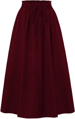 Midi Linen Skirts for Women Summer Drawstring Elastic High Waist Ruffle A-Line Casual Knee Length Skirts with Pockets