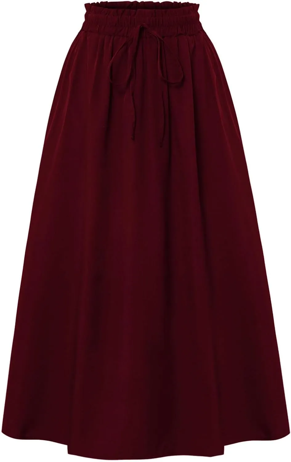 Midi Linen Skirts for Women Summer Drawstring Elastic High Waist Ruffle A-Line Casual Knee Length Skirts with Pockets