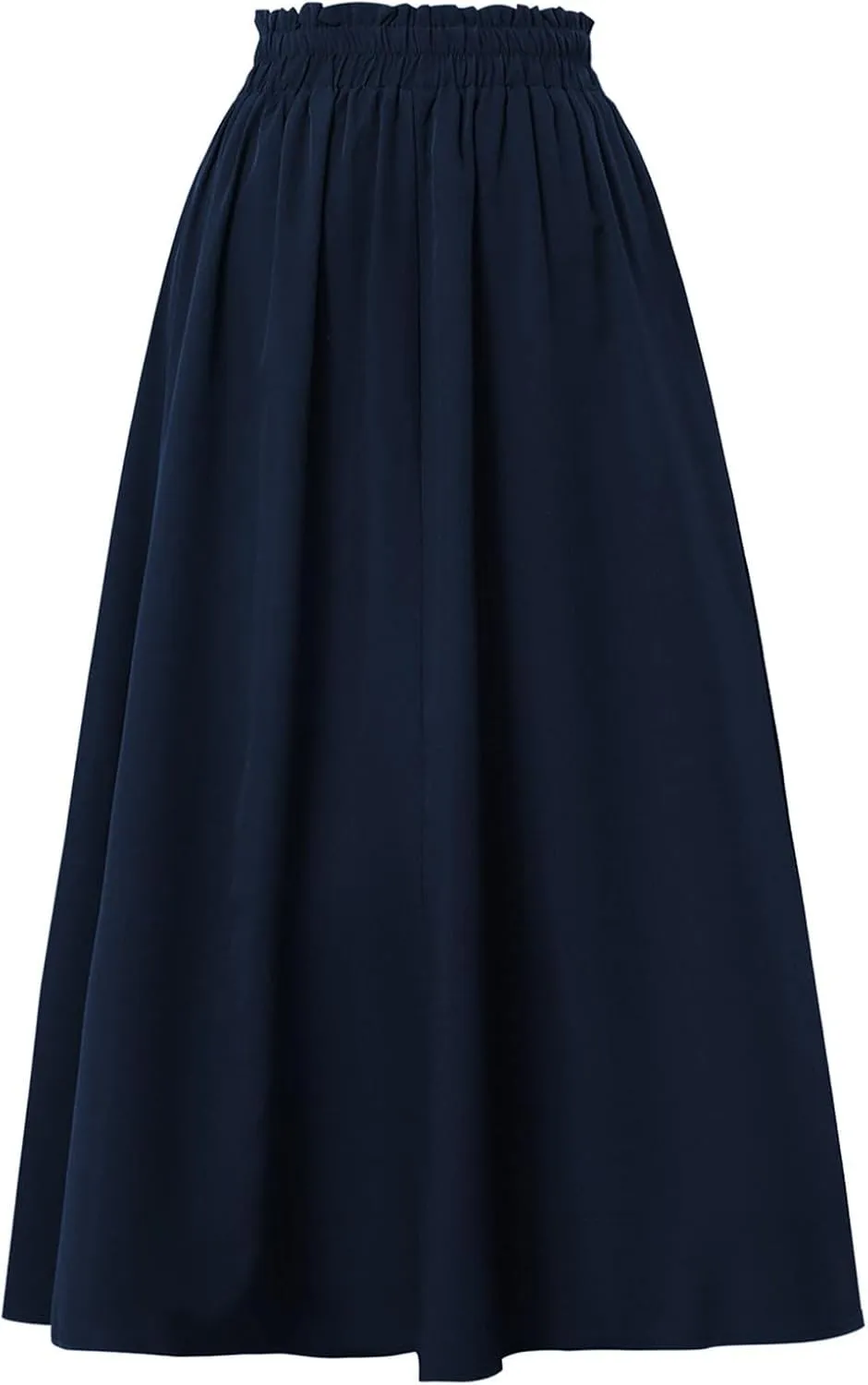 Midi Linen Skirts for Women Summer Drawstring Elastic High Waisted A-Line Smocked Beach Knee Length Skirt with Pockets