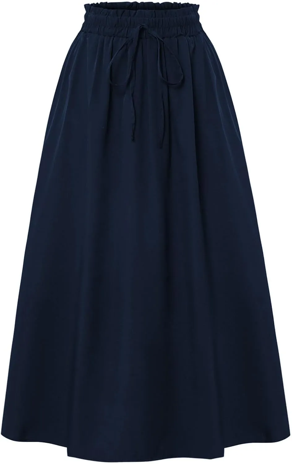 Midi Linen Skirts for Women Summer Drawstring Elastic High Waisted A-Line Smocked Beach Knee Length Skirt with Pockets