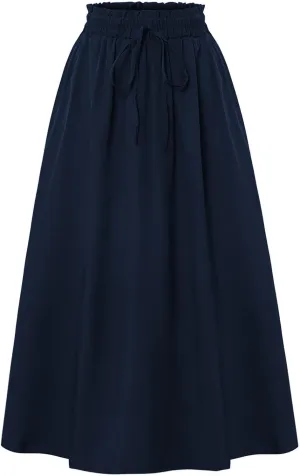 Midi Linen Skirts for Women Summer Drawstring Elastic High Waisted A-Line Smocked Beach Knee Length Skirt with Pockets