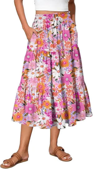 Midi Skirt for Women Summer Layered Tiered High Waisted Knee Length Skirt A Line Swing Floral Print Skirts with Pockets