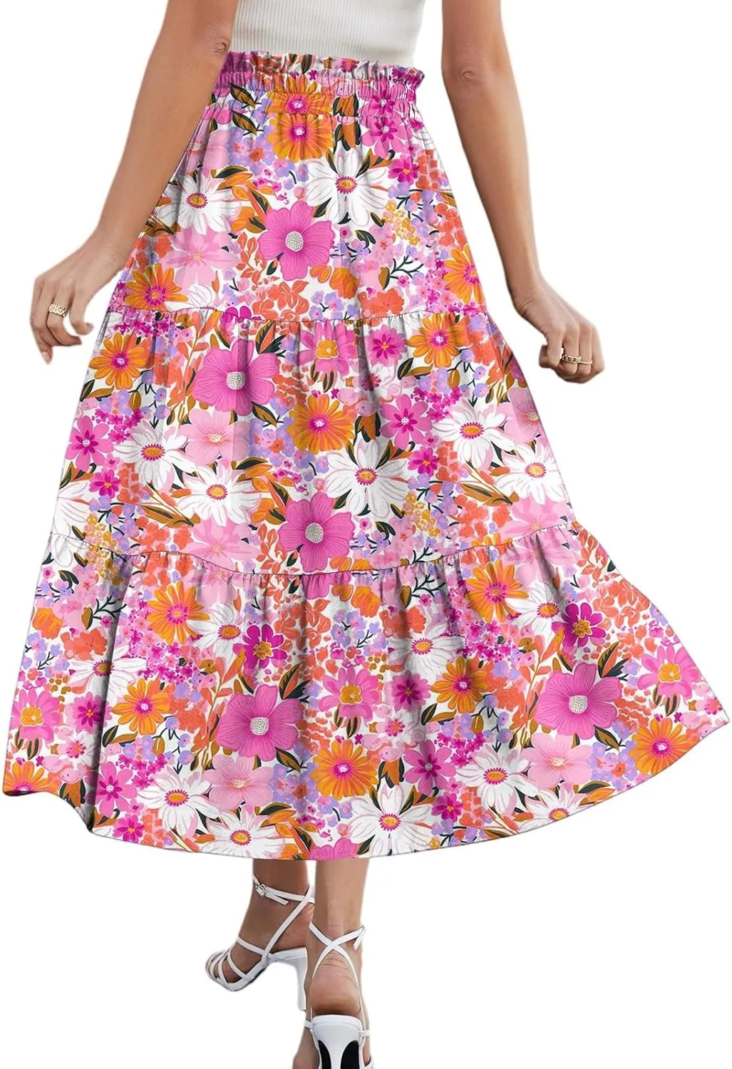 Midi Skirt for Women Summer Layered Tiered High Waisted Knee Length Skirt A Line Swing Floral Print Skirts with Pockets