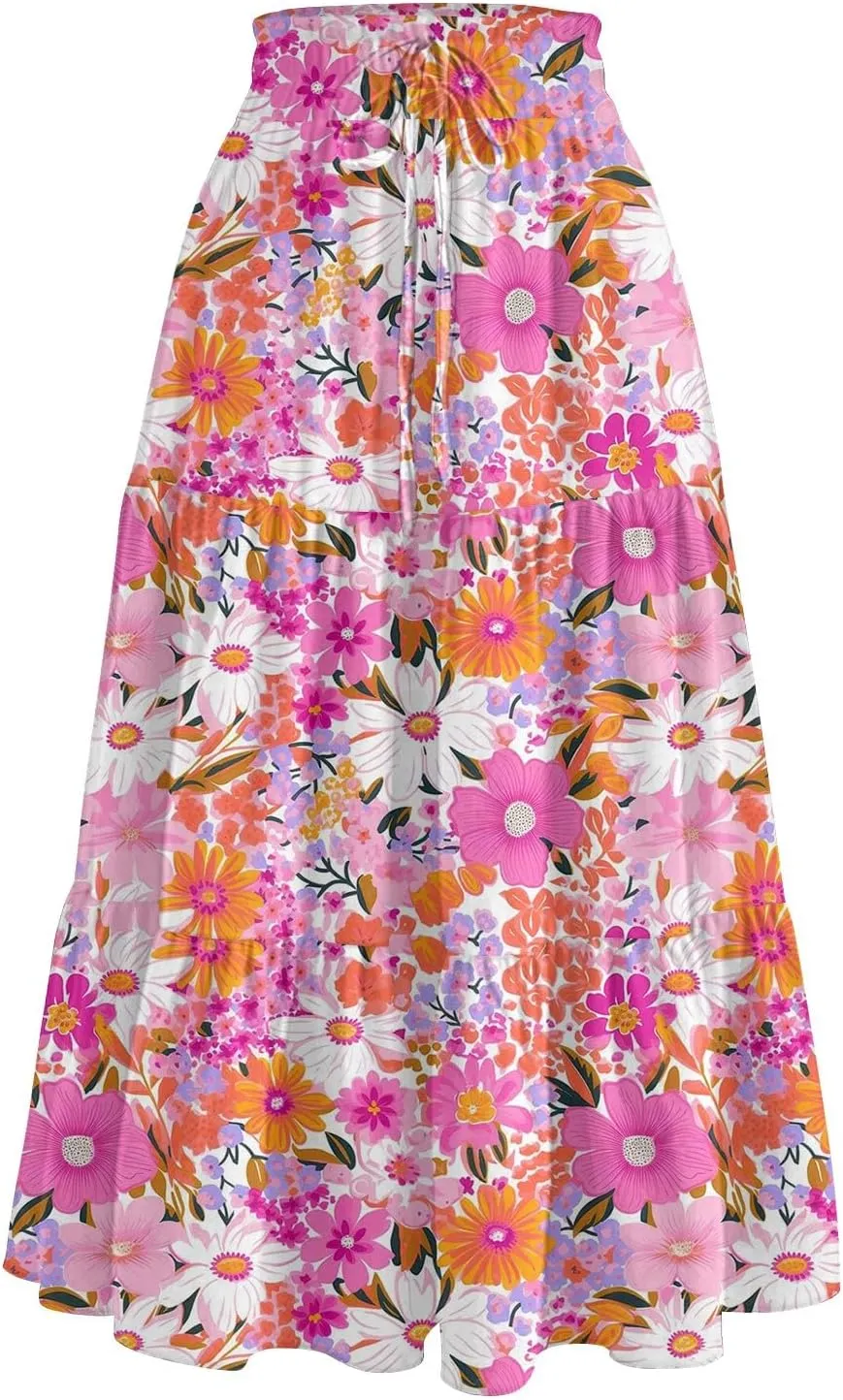 Midi Skirt for Women Summer Layered Tiered High Waisted Knee Length Skirt A Line Swing Floral Print Skirts with Pockets