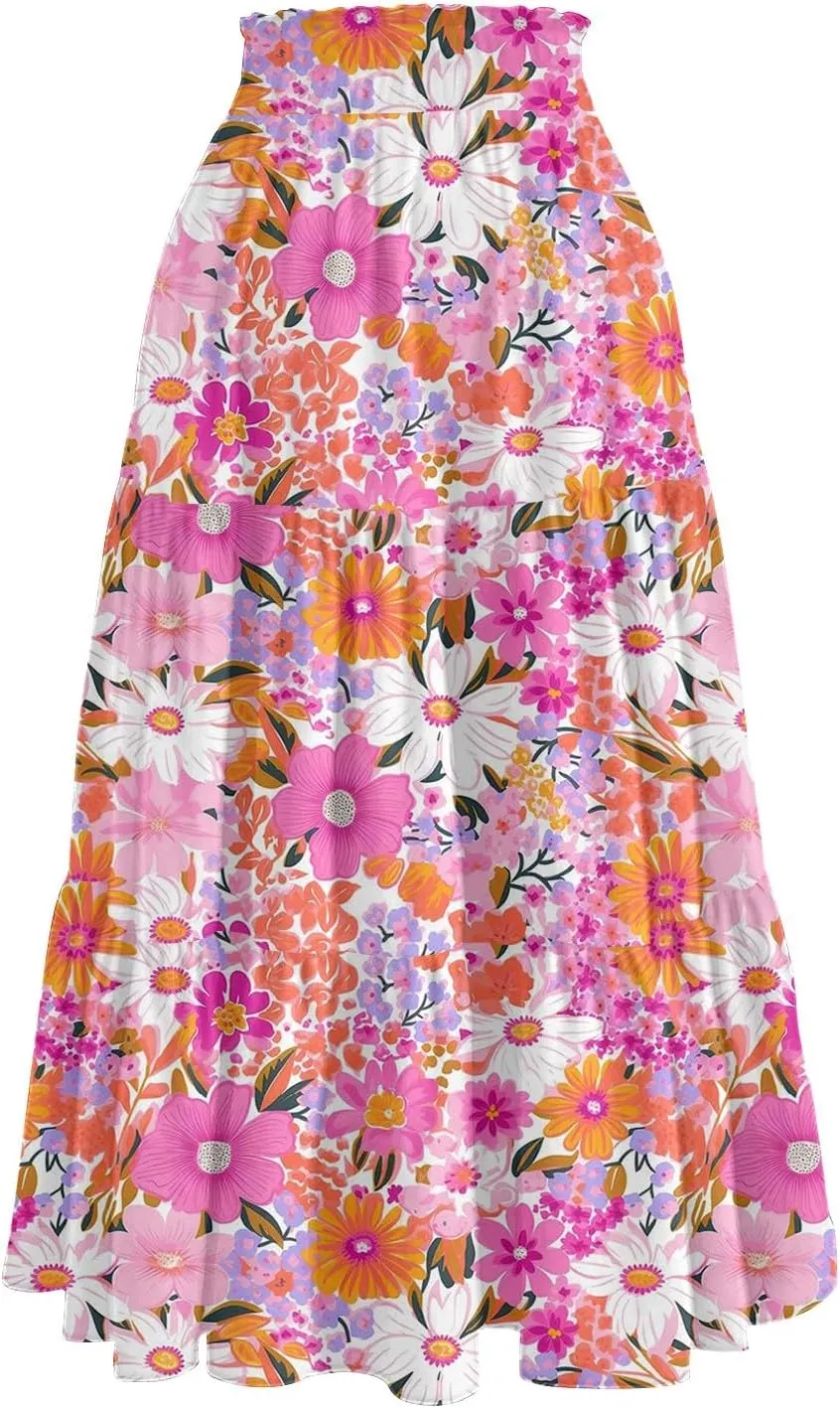 Midi Skirt for Women Summer Layered Tiered High Waisted Knee Length Skirt A Line Swing Floral Print Skirts with Pockets
