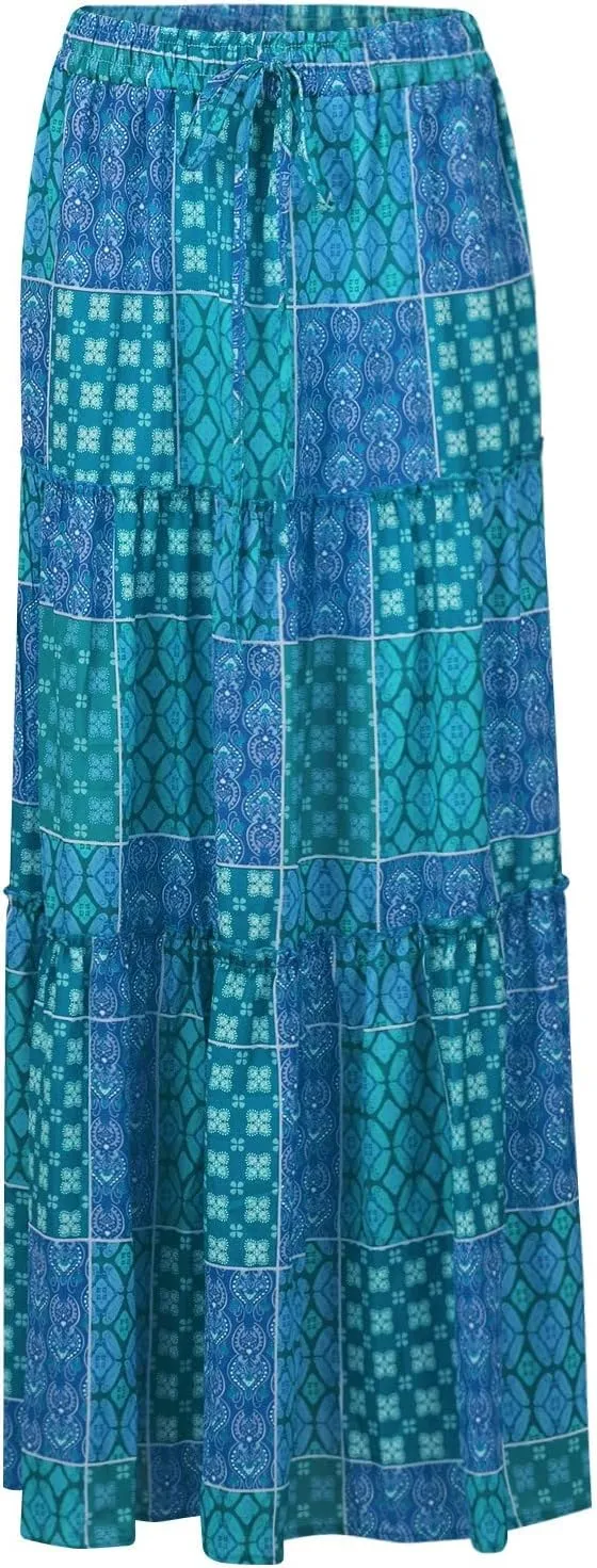 Midi Skirt,Elastic High Waist Drawstring Ruffle Hem Flowy Maxi Skirts for Women Trendy 2025 Summer Vacation Boho