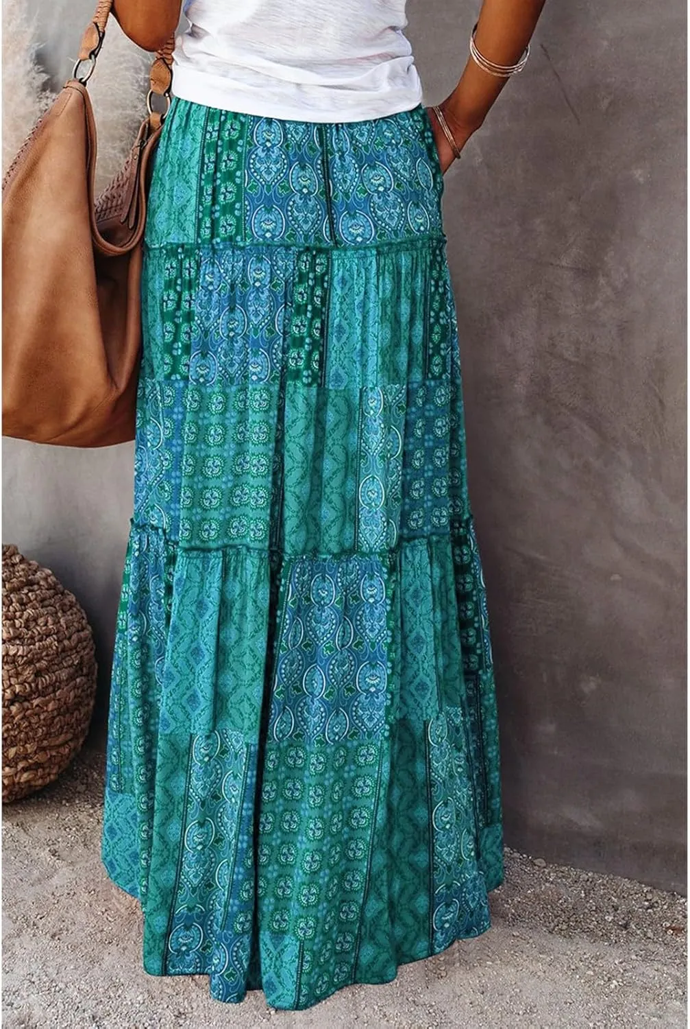Midi Skirt,Elastic High Waist Drawstring Ruffle Hem Flowy Maxi Skirts for Women Trendy 2025 Summer Vacation Boho