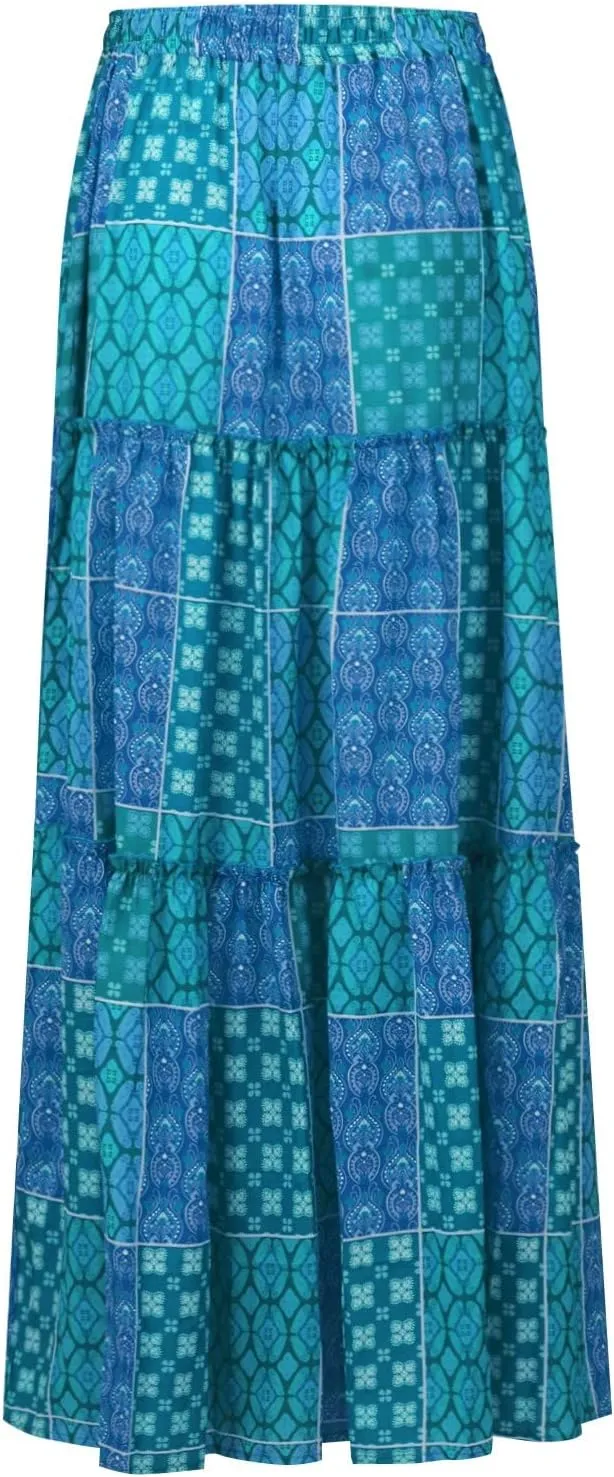 Midi Skirt,Elastic High Waist Drawstring Ruffle Hem Flowy Maxi Skirts for Women Trendy 2025 Summer Vacation Boho