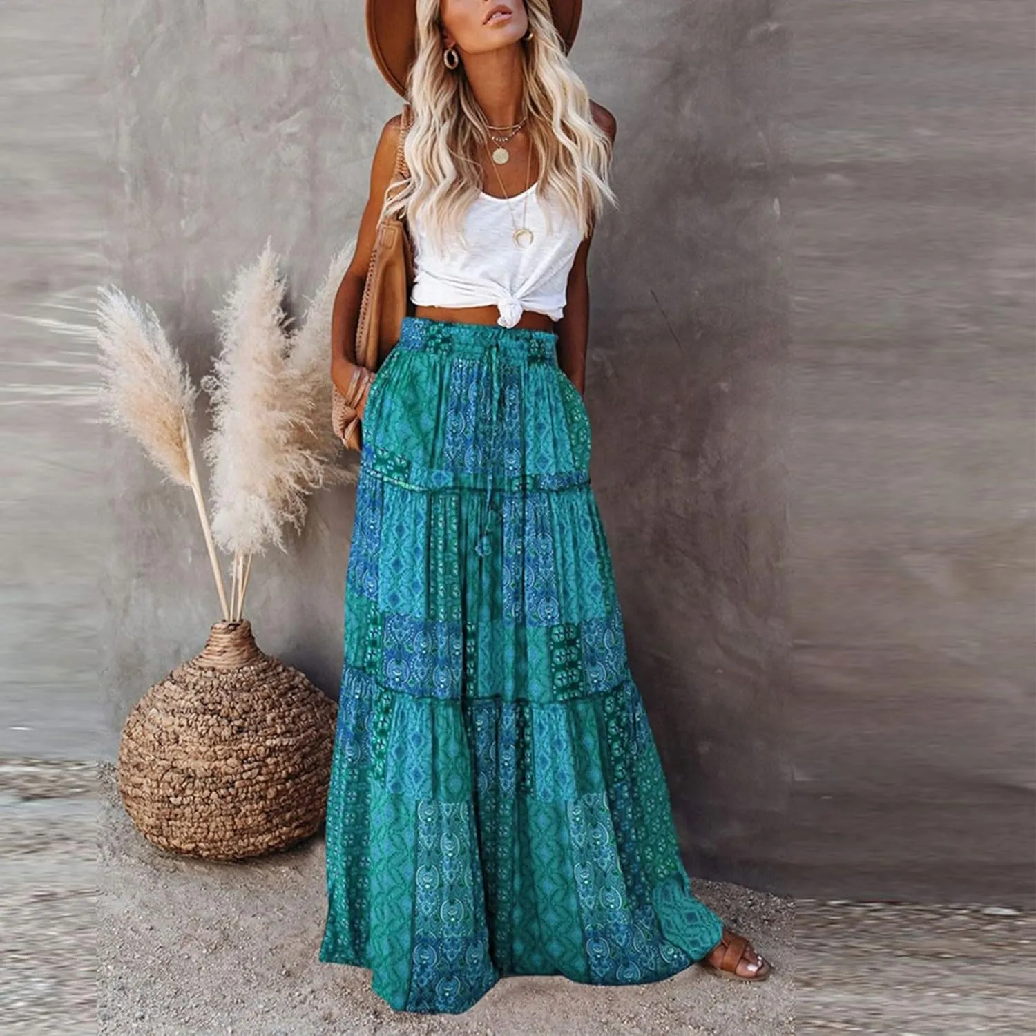 Midi Skirt,Elastic High Waist Drawstring Ruffle Hem Flowy Maxi Skirts for Women Trendy 2025 Summer Vacation Boho