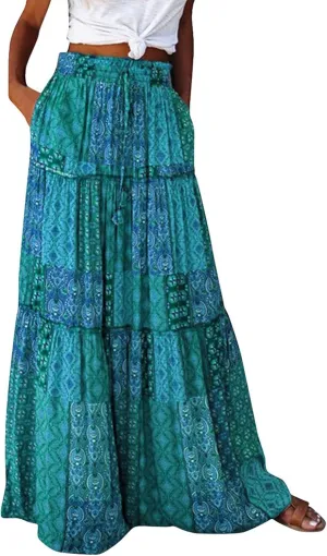 Midi Skirt,Elastic High Waist Drawstring Ruffle Hem Flowy Maxi Skirts for Women Trendy 2025 Summer Vacation Boho