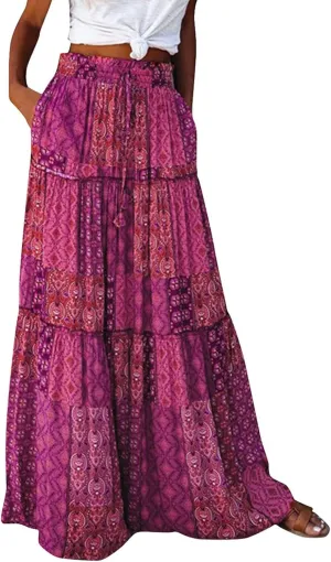 Midi Skirt,Linen Womens Boho Maxi Skirt with Pockets Trendy Flowy Long Skirts for Women 2025 Elastic High Waisted