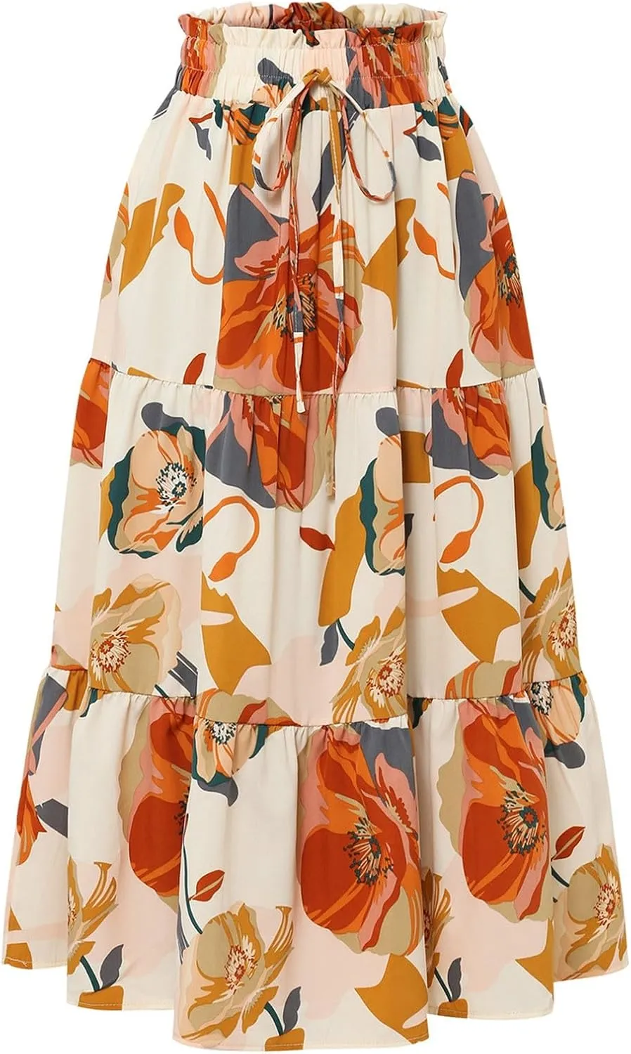 Midi Skirts for Women-2025 Summer Elegant Pleated Floral Skirts Elastic Waisted Tie Front Plus Size Ruffle Skirt