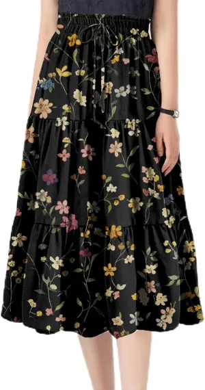 Midi Skirts for Women-2025 Summer Elegant Pleated Floral Skirts Elastic Waisted Tie Front Plus Size Ruffle Skirt