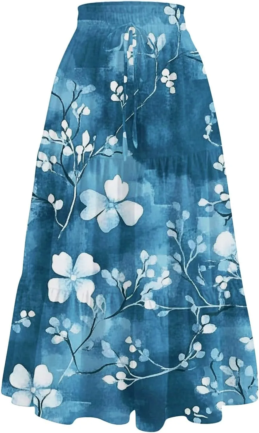 Midi Skirts for Women-2025 Summer Elegant Pleated Floral Skirts Elastic Waisted Tie Front Plus Size Ruffle Skirt