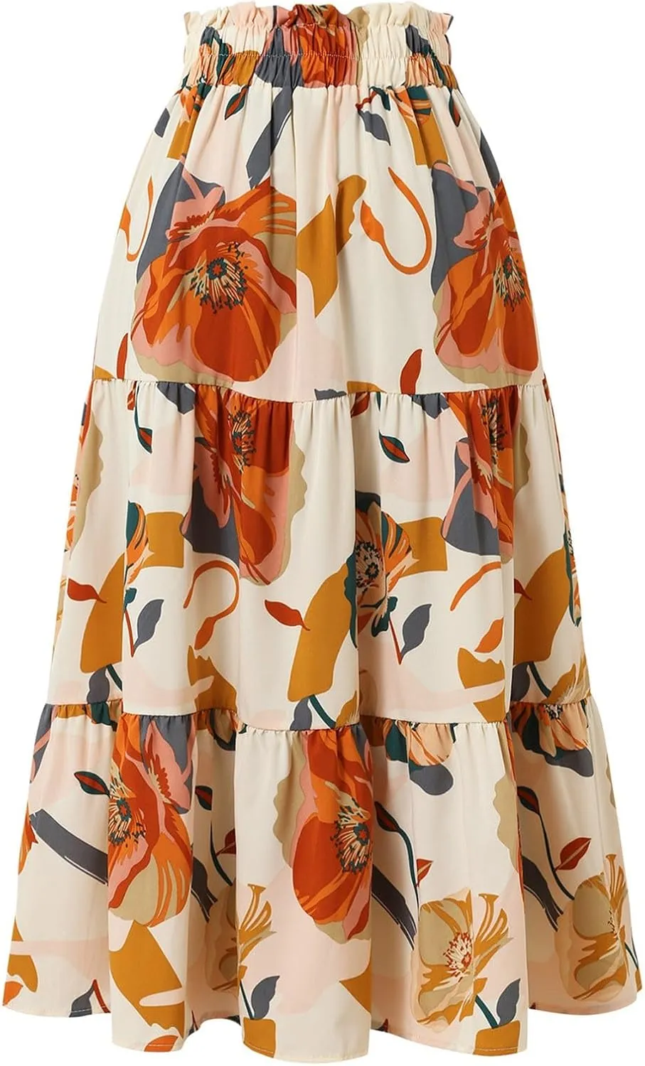 Midi Skirts for Women-2025 Summer Elegant Pleated Floral Skirts Elastic Waisted Tie Front Plus Size Ruffle Skirt