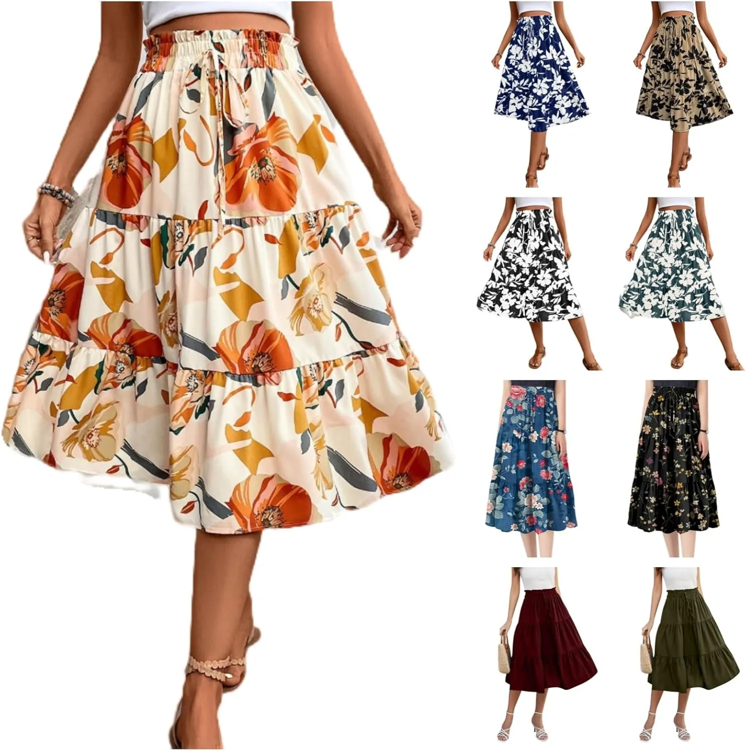 Midi Skirts for Women-2025 Summer Elegant Pleated Floral Skirts Elastic Waisted Tie Front Plus Size Ruffle Skirt