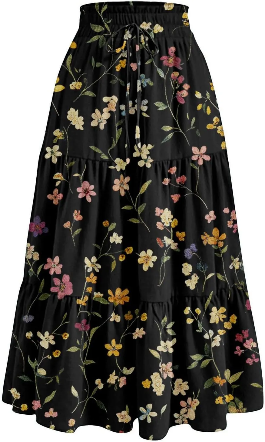 Midi Skirts for Women-2025 Summer Elegant Pleated Floral Skirts Elastic Waisted Tie Front Plus Size Ruffle Skirt