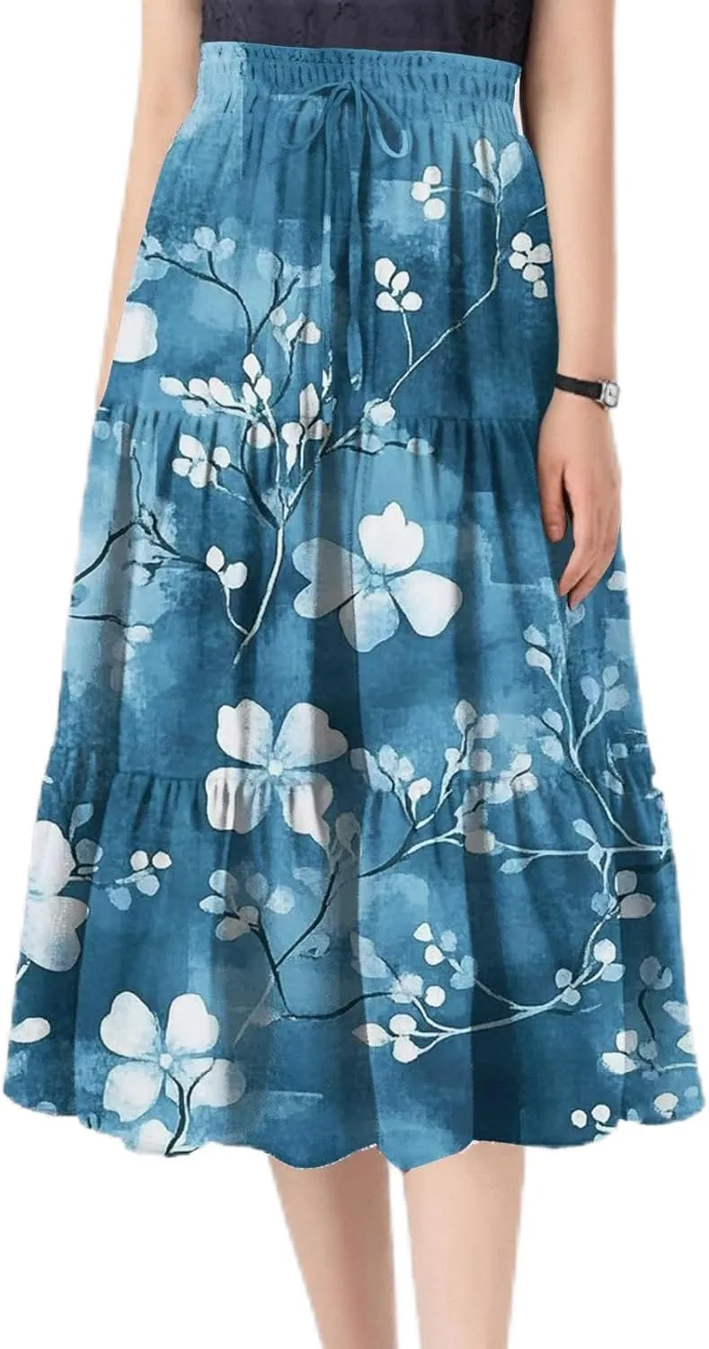 Midi Skirts for Women-2025 Summer Elegant Pleated Floral Skirts Elastic Waisted Tie Front Plus Size Ruffle Skirt