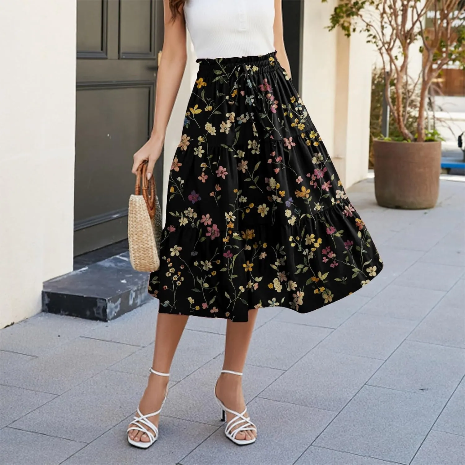 Midi Skirts for Women-2025 Summer Elegant Pleated Floral Skirts Elastic Waisted Tie Front Plus Size Ruffle Skirt