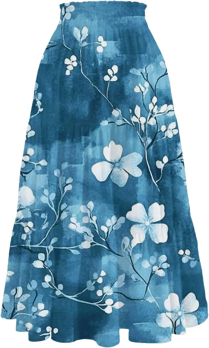 Midi Skirts for Women-2025 Summer Elegant Pleated Floral Skirts Elastic Waisted Tie Front Plus Size Ruffle Skirt