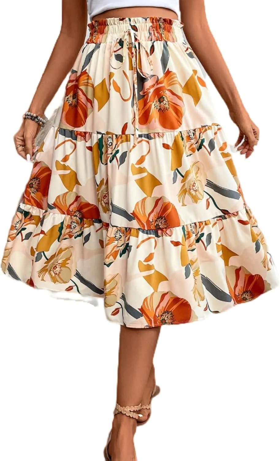 Midi Skirts for Women-2025 Summer Elegant Pleated Floral Skirts Elastic Waisted Tie Front Plus Size Ruffle Skirt