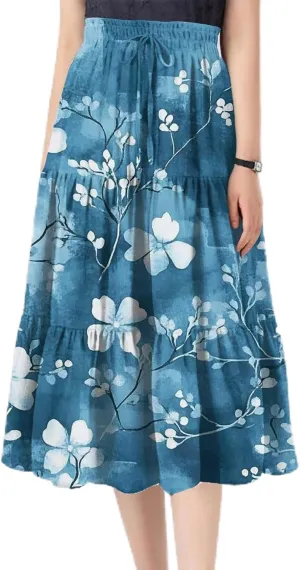Midi Skirts for Women-2025 Summer Elegant Pleated Floral Skirts Elastic Waisted Tie Front Plus Size Ruffle Skirt
