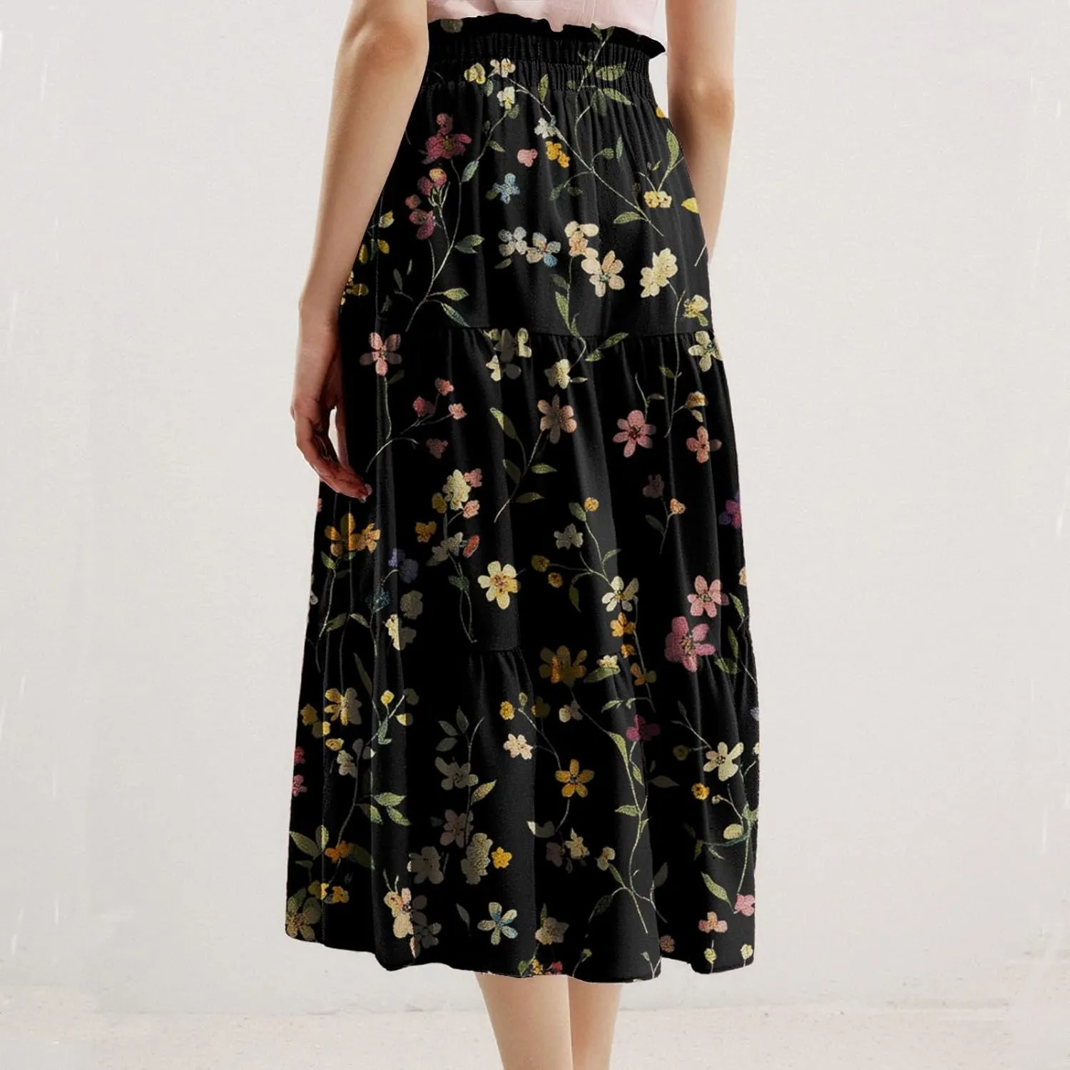 Midi Skirts for Women-2025 Summer Elegant Pleated Floral Skirts Elastic Waisted Tie Front Plus Size Ruffle Skirt