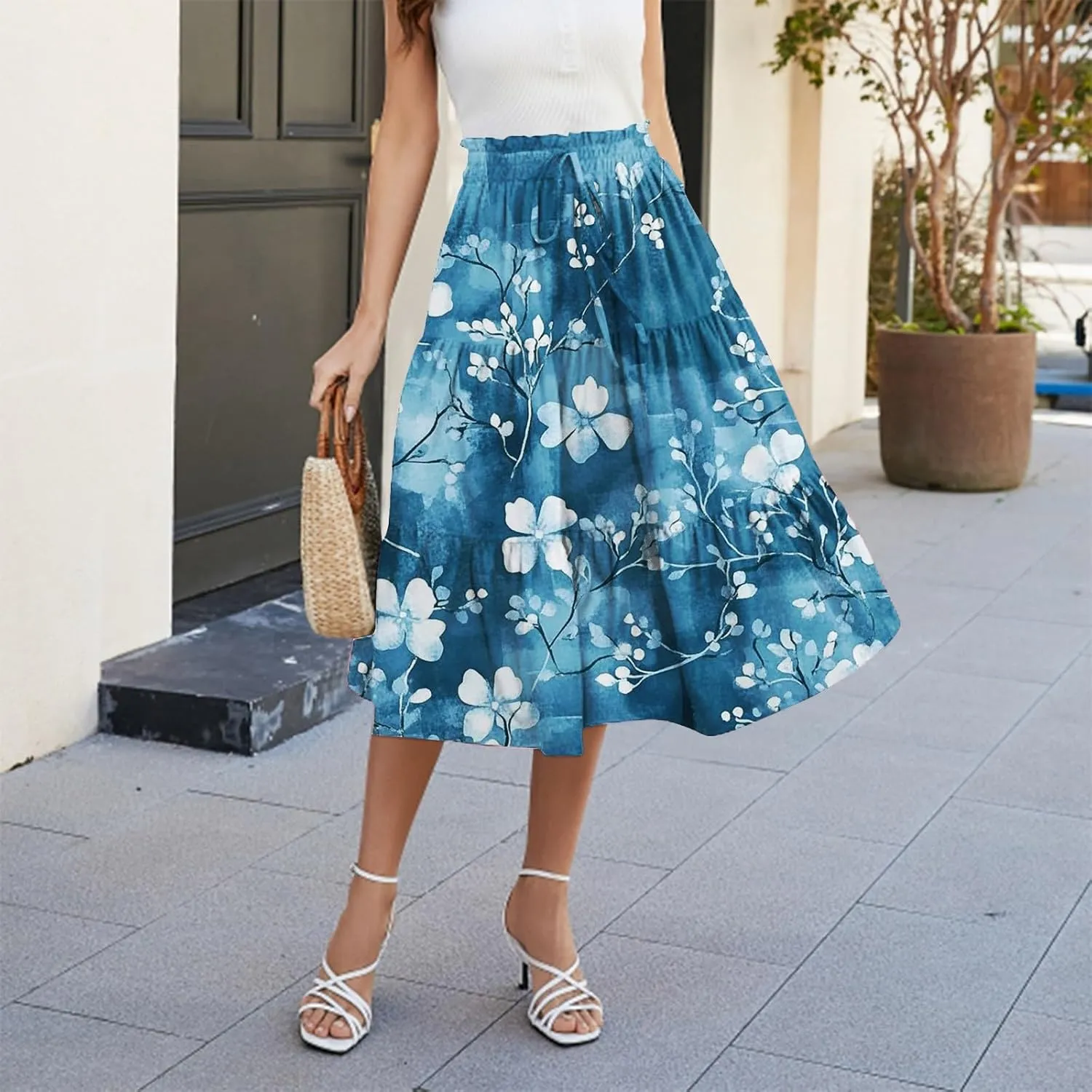 Midi Skirts for Women-2025 Summer Elegant Pleated Floral Skirts Elastic Waisted Tie Front Plus Size Ruffle Skirt